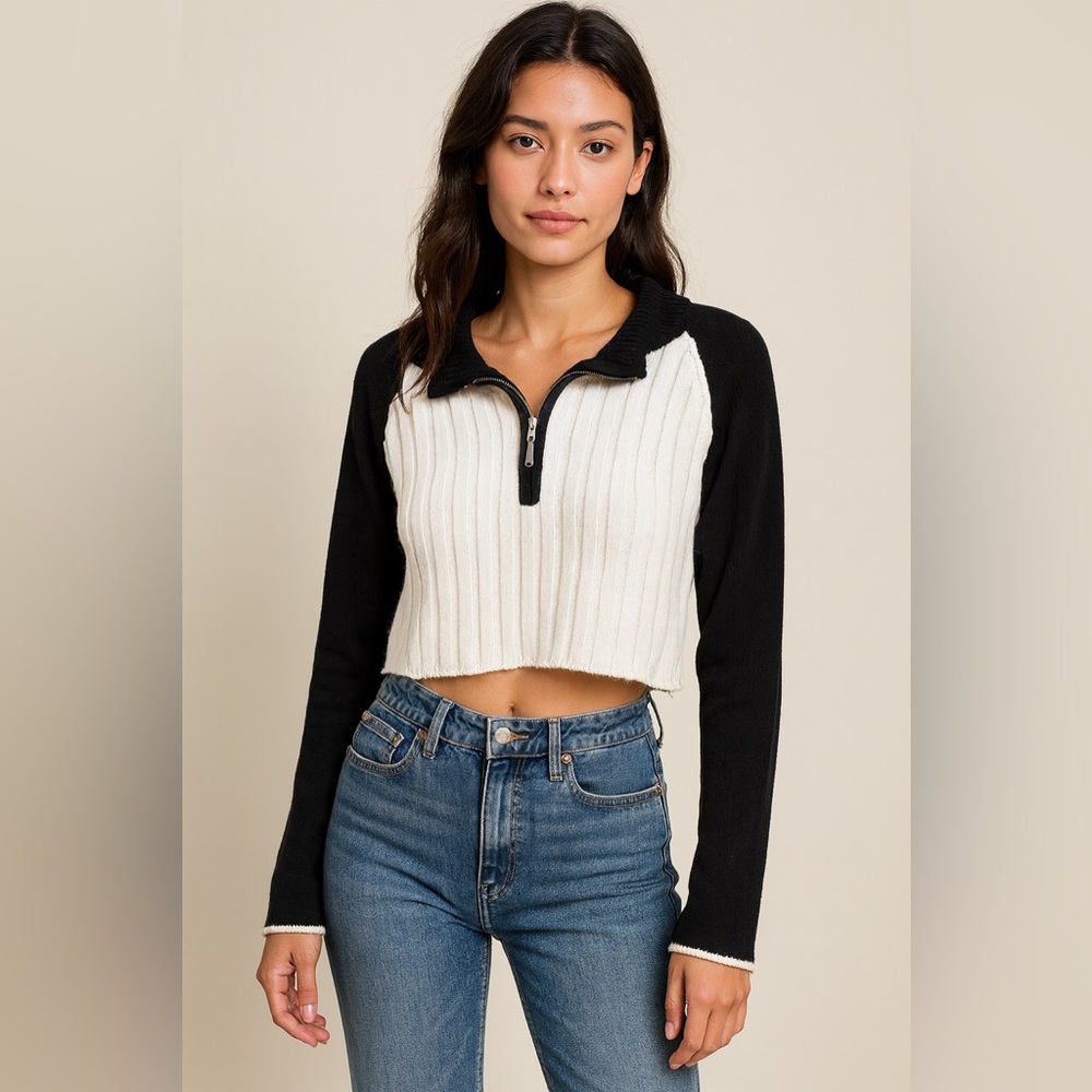 Black and White Women's Cropped Zip-Up Sweater